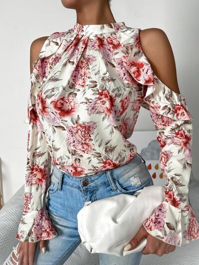 Floral Cold Shoulder Ruffle Trim Blouse