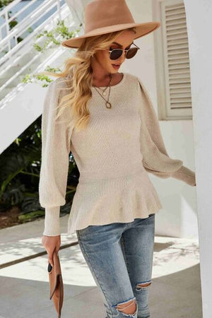 .Ribbed Round Neck Lantern Sleeve Sweater