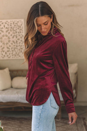 Notched Neck Buttoned Long Sleeve Velvet Blouse