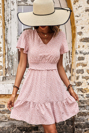 Printed Smocked V-Neck Tiered Dress