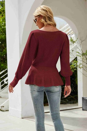 .Ribbed Round Neck Lantern Sleeve Sweater