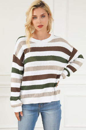 Striped Openwork Dropped Shoulder Sweater