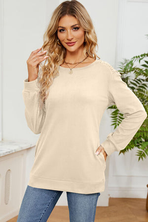 Ruched Round Neck Long Sleeve T-Shirt