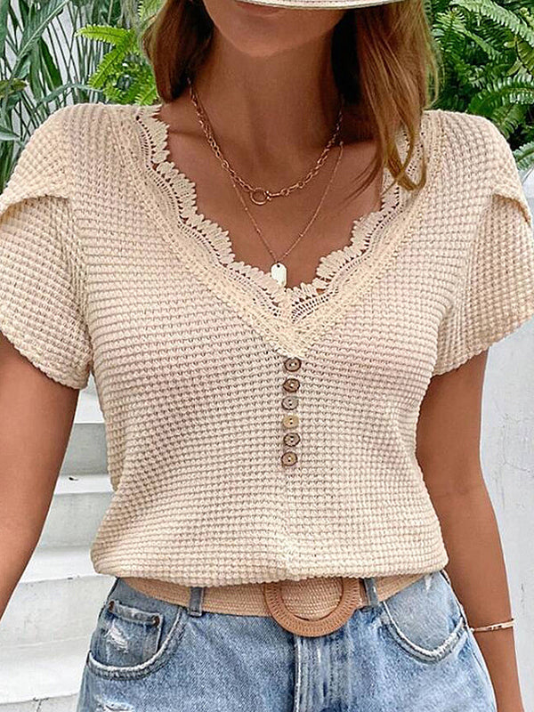 Lace Detail V-Neck Short Sleeve T-Shirt