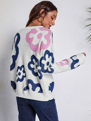 Flower Pattern Round Neck Long Sleeve Sweater