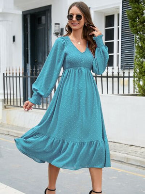 Swiss Dot V-Neck Smocked Lantern Sleeve Ruffle Hem Dress