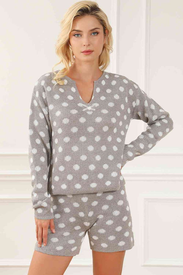 Polka Dot Notched Neck Top and Shorts Set