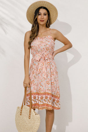 Bohemian Belted Frill Trim Spaghetti Strap Dress