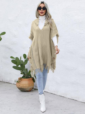 Fringe Trim Buttoned Hooded Poncho