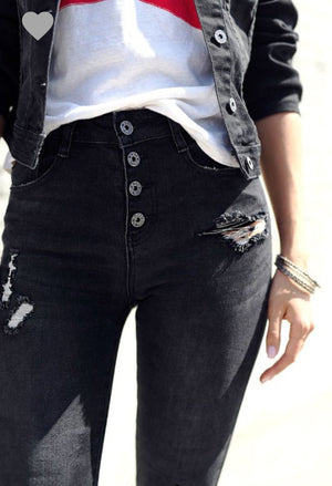 BLACK BUTTON DOWN DISTRESSED JEANS