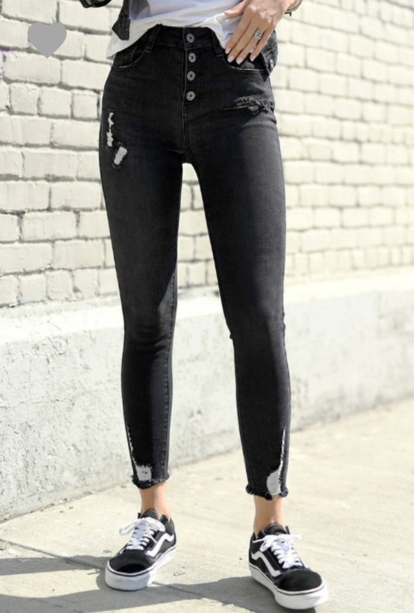 BLACK BUTTON DOWN DISTRESSED JEANS