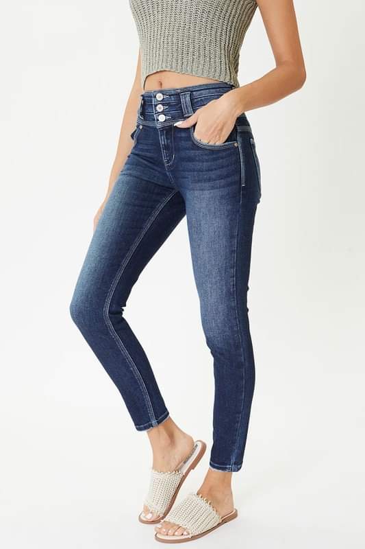 KAN CAN HIGH WAIST BANDED BUTTON FRONT SKINNY JEANS