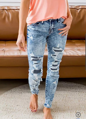 Sky Blue Striped Patchwork Distressed Slim-fit Jeans