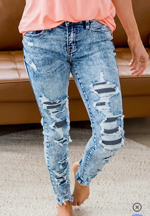 Sky Blue Striped Patchwork Distressed Slim-fit Jeans