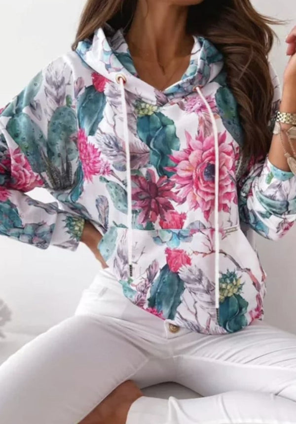 FLORAL DRAWSTING FRONT POCKET HOODIE ~