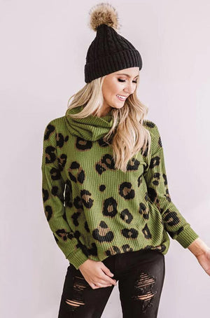 GREEN LEOPARD WAFFLE KNIT TURTLE NECK PULLOVER