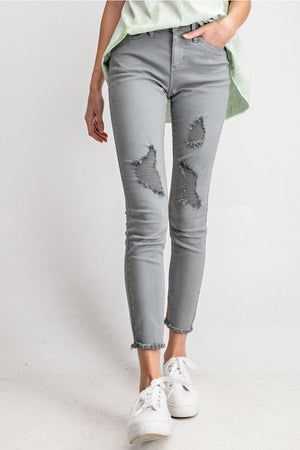 RAW HEM DISTRESSED SOFT TWILL JEANS