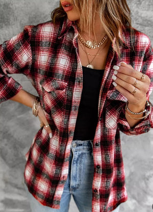 RED BUTTON UP PLAID SHACKET