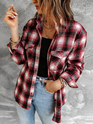 RED BUTTON UP PLAID SHACKET