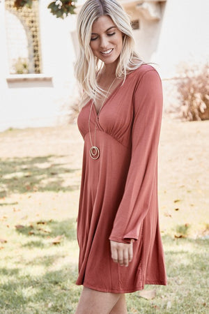 SOLID WRAP FRONT BELL SLEEVE DRESS