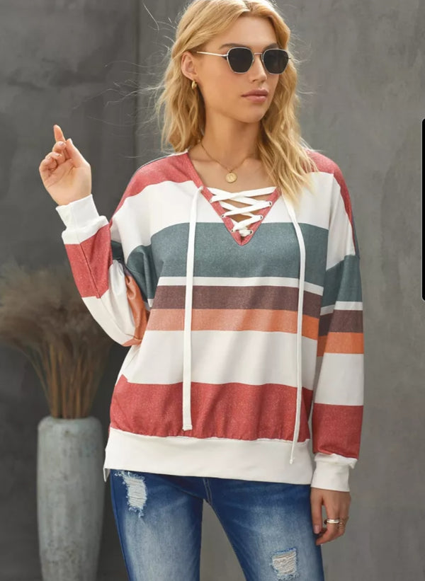 STRIPE VNECK DRAWSTRING PULLOVER ~