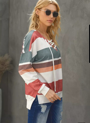 STRIPE VNECK DRAWSTRING PULLOVER ~