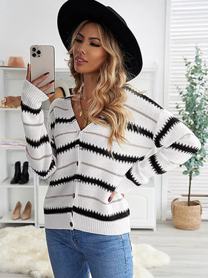 VNECK BUTTON UP STRIPE CARDIGAN