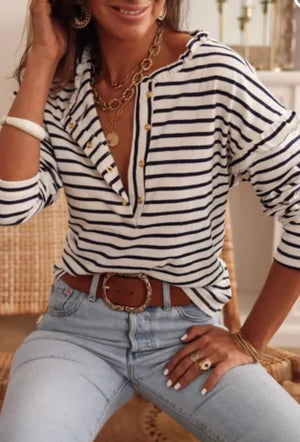 WHITE STRIPE RUFFLE BUTTON FRONT TOP