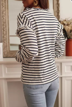 WHITE STRIPE RUFFLE BUTTON FRONT TOP