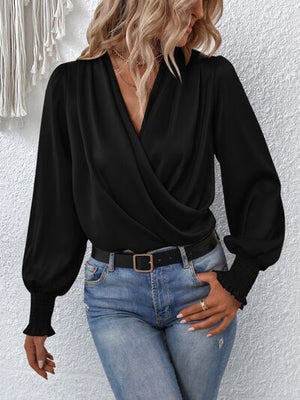 Surplice Smocked Lantern Sleeve Blouse