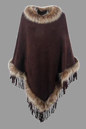 Faux Fur Trim Fringed Poncho