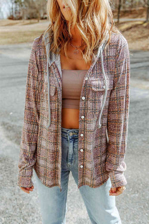 Double Take Plaid Long Sleeve Hooded Jacket