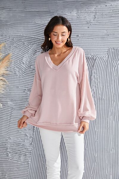 V-Neck Drop Shoulder Lantern Sleeve Blouse