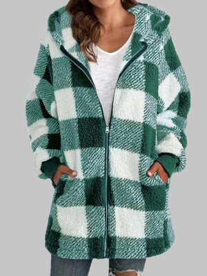 Plaid Zip-Up Hooded Jacket with Pockets