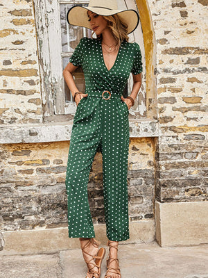 Polka Dot Belted Flounce Sleeve Jumpsuit with Pockets