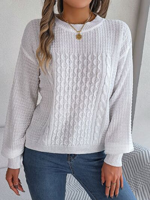 Cable-Knit Round Neck Long Sleeve Sweater