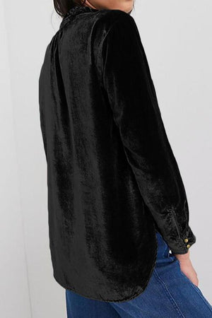 Notched Neck Buttoned Long Sleeve Velvet Blouse