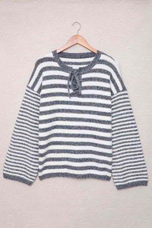 Striped Lace Up Bell Sleeve Sweater