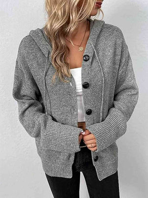 BUTTON-DOWN LONG SLEEVE HOODED SWEATER