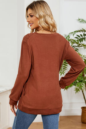 Ruched Round Neck Long Sleeve T-Shirt