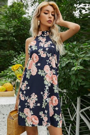 Floral Tied Sleeveless Grecian Neck Mini Dress