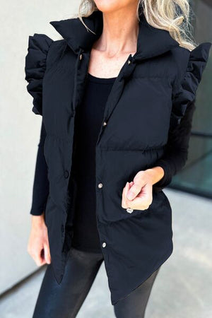 Ruffled Snap Down Mock Neck Vest Coat