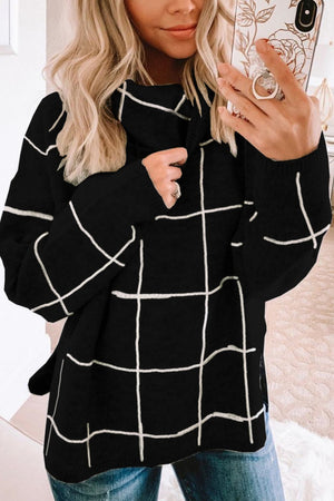 Plaid Turtleneck Drop Shoulder Sweater