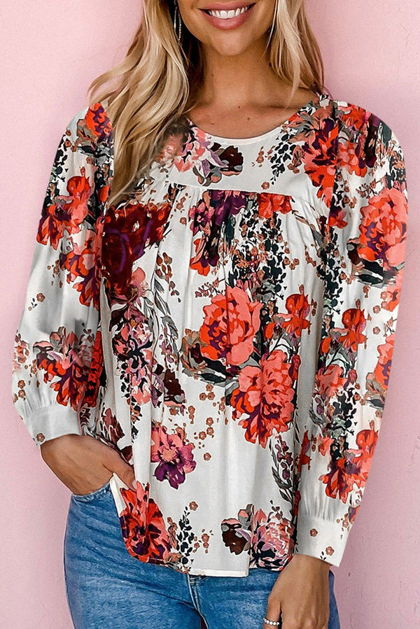 Floral Print Round Neck Long Sleeve Blouse