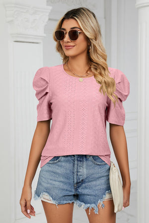 Eyelet Puff Sleeve Round Neck Blouse