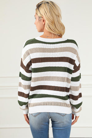 Striped Openwork Dropped Shoulder Sweater