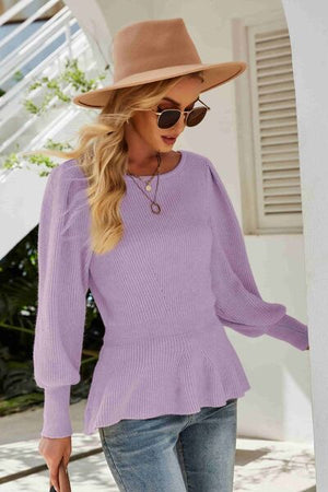 .Ribbed Round Neck Lantern Sleeve Sweater