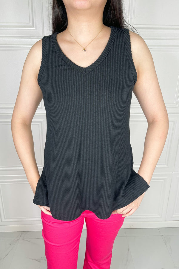 Chance of Sun Full Size Ribbed V-Neck Tank in Black