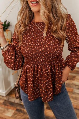 Floral Smocked Ruffle Hem Long Sleeve Blouse