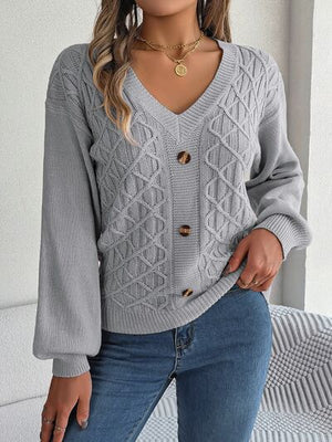 Cable-Knit V-Neck Lantern Sleeve Sweater